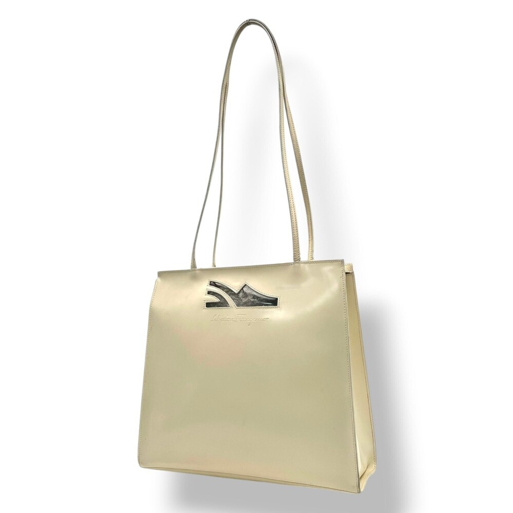 Salvatore Ferragamo Tote Bag Shoulder Enamel Leather Ivory Cutout Logo Women'...